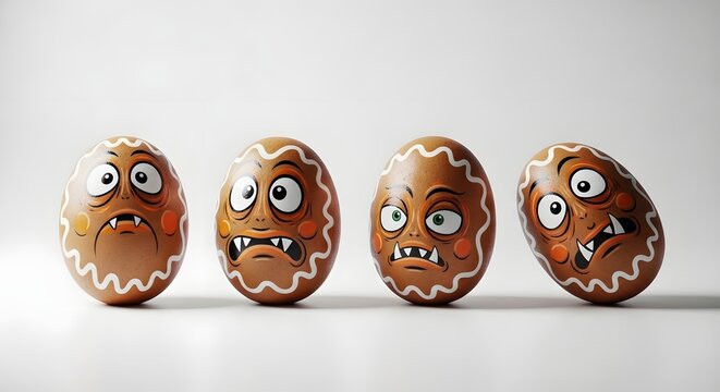 Four decorated gingerbread men eggs with funny faces