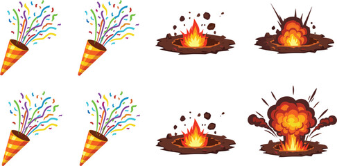 Cartoon Explosion and Party Popper Confetti Vector Set with Fire Blast Effects, Comic Boom Elements and Celebration Illustration Collection © Selim Studio