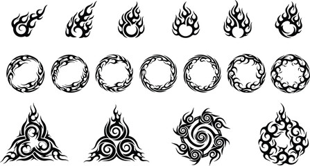 Black tribal flame silhouette vector set, fire design elements isolated on white, circular flame frames and triangular fire icons, burning, © VactorZone