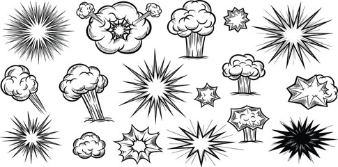 Comic Explosion and Smoke Burst Line Art Vector Set with Retro Boom Effects and Hand Drawn Blast Elements Collection © Selim Studio