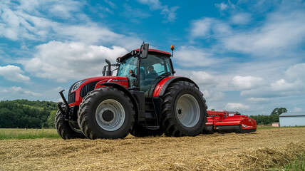 Fototapeta premium A bright red modern tractor with large black rubber tires stands on a hay-covered field under a vibrant blue sky with white puffy cloud.