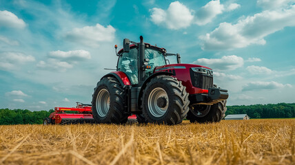 Obraz premium A bright red modern tractor with large black rubber tires stands on a hay-covered field under a vibrant blue sky with white puffy cloud.
