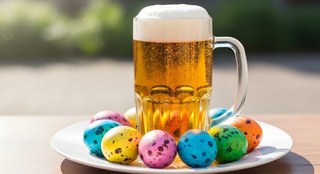 Easter celebration with beer and colored eggs