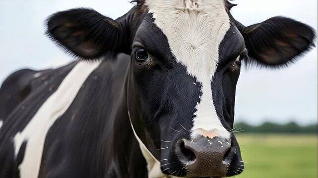 Close-up cow portrait in green pasture Holstein dairy cattle