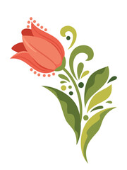 Czerwony tulipan z dekoracyjnymi liśćmi i zawijasami – kolorowa wektorowa ilustracja kwiatowa © Monika