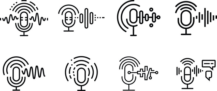 Set of microphone icons with sound wave and audio signal elements