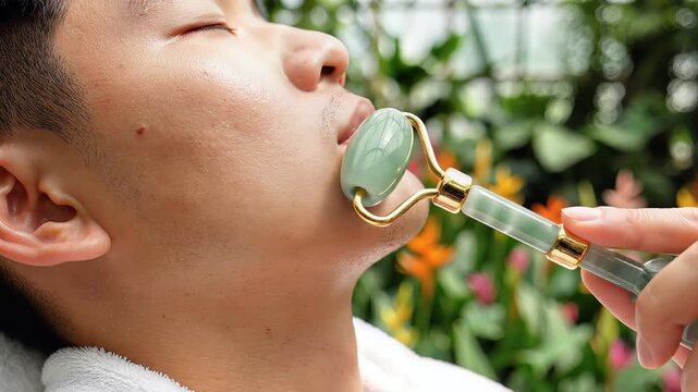 Person using jade roller beauty treatment