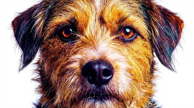 Close up portrait of a scruffy terrier mix dog on white background, warm alert expression for pet care ads, cute companion mood for National Dog Day
