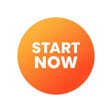 A circular orange button with a call to action isolated on white background