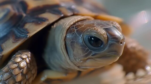 A small turtle gently pulling its head into its shell in a close-up video footage