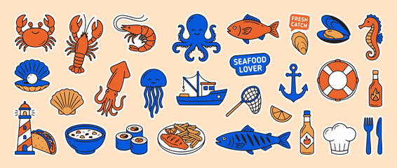 Fototapeta premium Seafood Illustration: A vibrant illustration showcasing a colorful array of fresh seafood, capturing the essence of the ocean's bounty.