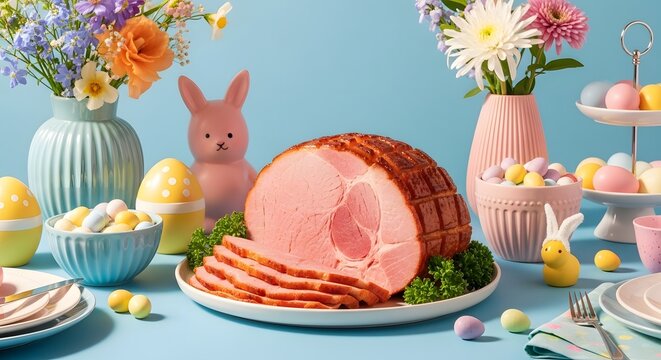 Easter ham dinner table setting with flowers and bunny decoration