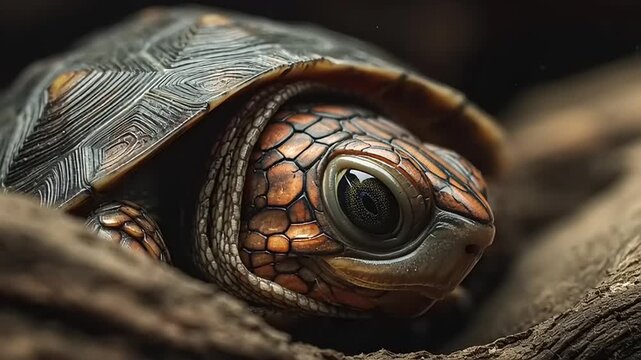 A small turtle slowly pulling its head into its shell, close-up view in a natural environment