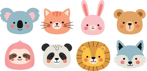 Cute Cartoon Animal Face Icon Set with Bear, Cat, Bunny, Panda, Lion, Koala, and Fox Characters for Kids Design, Nursery Prints, Stickers, and Branding © Selim Studio