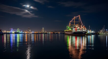 Fototapeta premium Illuminated Tall Ship Docked at Night with City Lights Reflected in Water.