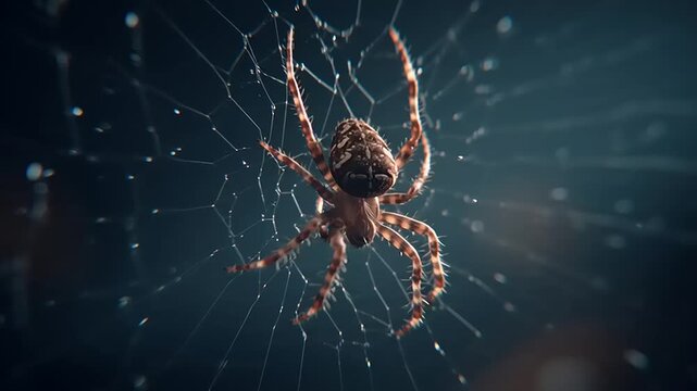A spider reacts subtly to web vibrations in a delicate, intricate web at close range.