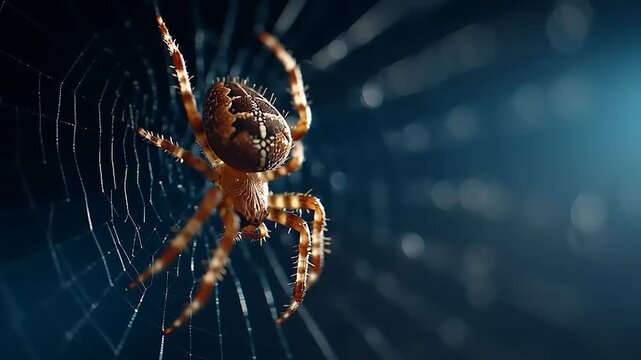 A cinematic shot of a spider in its web with a dark background and soft focus on the surroundings