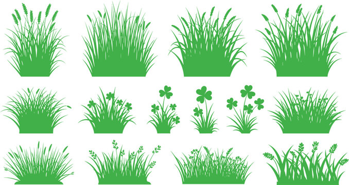 Green vector silhouettes of grass tufts, meadow weeds and clover plants collection, nature landscape elements isolated on white background, summer.