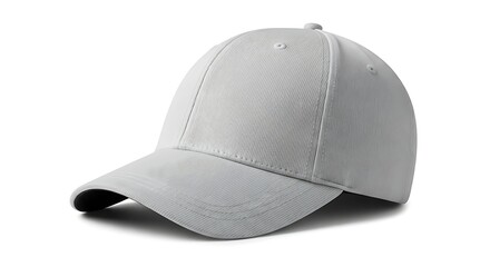 Fototapeta premium A white baseball cap with a curved brim is positioned on a plain surface