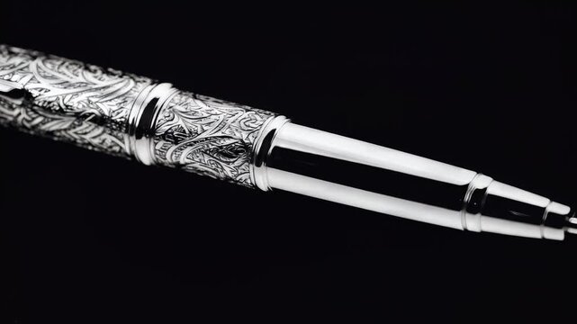 Exquisite Writing Instrument: A detailed close-up reveals an ornate, silver pen, highlighting its intricate design and the elegance of writing with quality. 