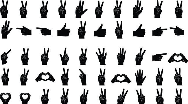 Set of black vector hand gesture silhouettes including peace signs, thumbs up, heart shapes, pointing fingers, and palm icons for design