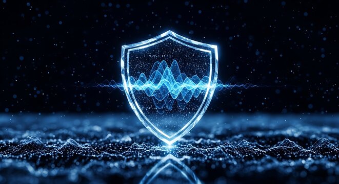 Glowing blue shield with dynamic waveform on dark futuristic background