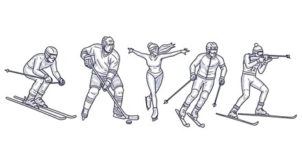 Fototapeta premium Line art illustration of winter athletes engaged in skiing, hockey, and skating