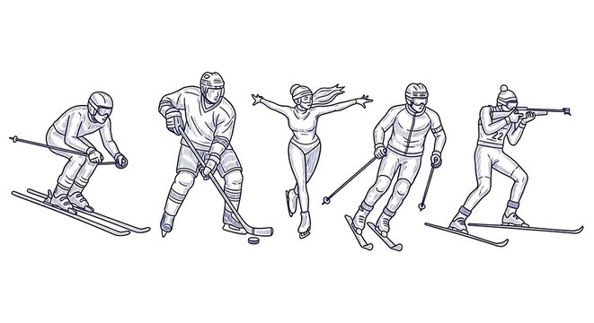 Line art illustration of winter athletes engaged in skiing, hockey, and skating