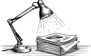 Obraz premium Handdrawn sketch of a flexible desk lamp illuminating a stack of documents