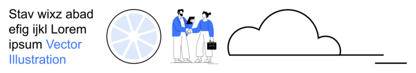 Obraz premium Remote work, teamwork, cloud storage, digital communication, networking, business solutions. Two professionals collaborating near cloud and network icons. Remote work and teamwork concept