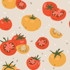Fototapeta premium Seamless pattern with red and yellow tomatoes on a warm beige background. Hand drawn food illustration, repeating kitchen print for textile, packaging, wallpaper, fabric and surface design.
