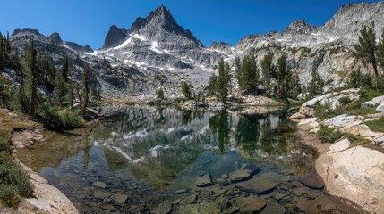 Obraz premium Majestic snow-capped peaks are perfectly reflected in the calm surface of a clear alpine lake surrounded by evergreen trees.