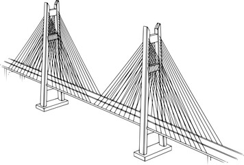 Fototapeta premium Minimalist black line drawing of a modern suspension bridge structure viewed from an isometric angle