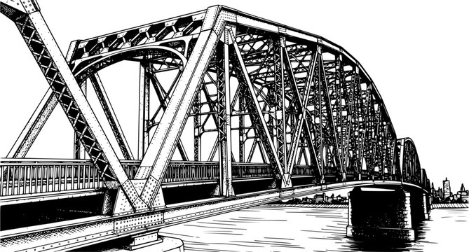 Detailed ink drawing of a classic steel truss bridge showcasing complex structural engineering and architectural design