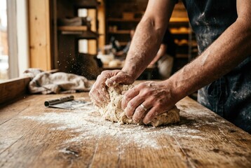 Fototapeta premium Baker hands kneading bread dough on a floury wooden table