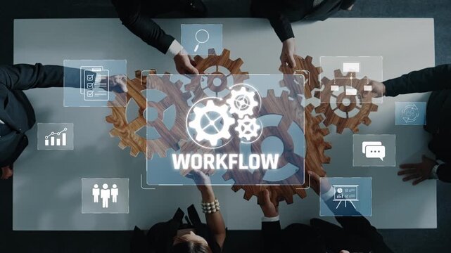 A diverse group of professionals discusses workflow strategies using a visual interface featuring gears and digital tools, enhancing collaboration in a modern office setting. Raster