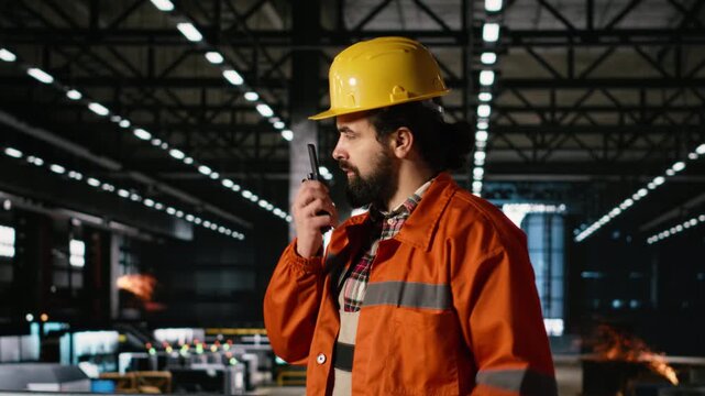 Engineer speaks into portable walkie-talkie inside heavy industry warehouse, wearing hard hat. Wireless radio device enables clear communication and coordination across large-scale machinery hall.