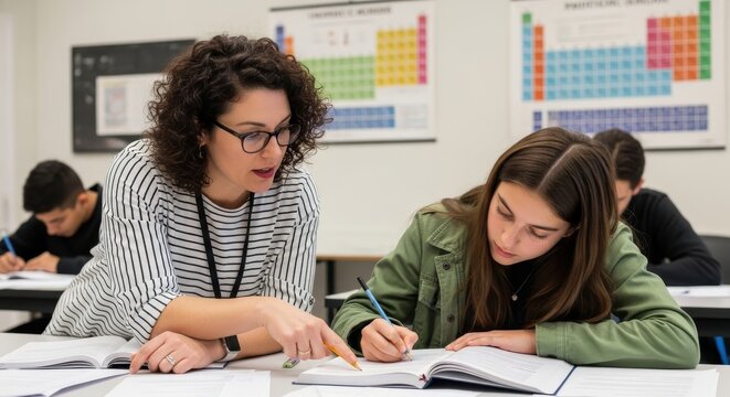 Female instructor assists a young student with written assignment during classroom session