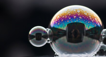 Obraz premium Macro shot of iridescent soap bubbles reflecting light with a dark background
