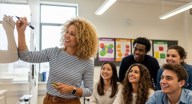 Smiling instructor writes on a white board while diverse group of students attentively watches in a classroom setting