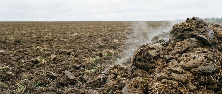 Heap of steaming organic manure in a plowed field. Natural fertilizer and soil preparation for agriculture concept