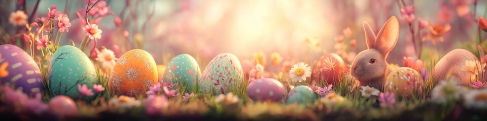 Little bunnies finding colorful Easter eggs in spring garden. Cute bunnies celebrating Easter surrounded by decorated eggs and blooming cherry blossoms