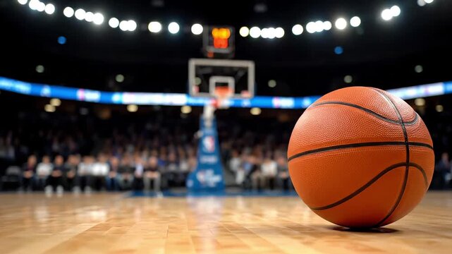 A basketball sits on the polished wooden floor of an empty arena with a hoop in the background.