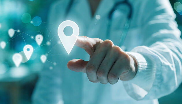 A doctor in a white coat interacting with a digital map pin icon for location-based medical services or healthcare navigation