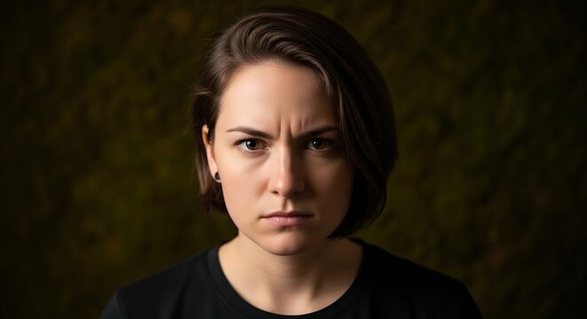 A woman with a stern expression stands against a dark green background, looking directly at the camera with a serious face.