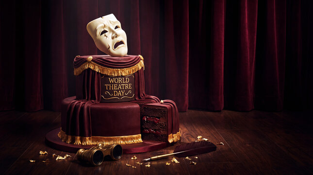 Dramatic World Theatre Day celebration cake with tragedy mask and velvet stage curtains, ideal for greeting cards, event promotions, and cultural program materials with copy space