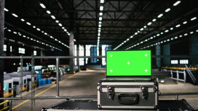 Green screen laptop in empty large-scale engineering plant, industrial space. Warehouse environment includes heavy machinery and steel structures, automation for production line.