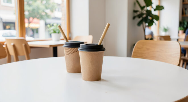 Eco-Friendly Cafe Concept with Biodegradable Cups and Bamboo Straws
