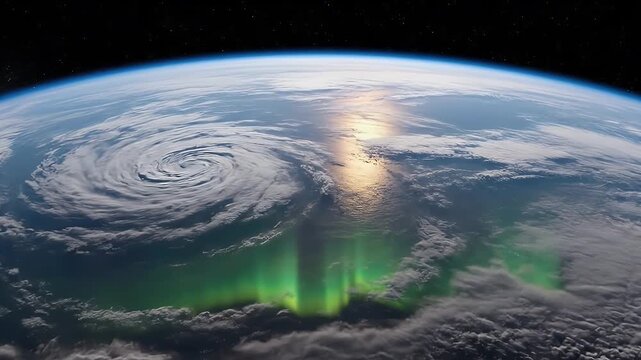 earth from space with aurora over clouds and horizon
