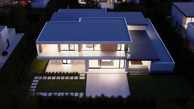 Dusk Reveal of Symmetrical Modern Home &ndash; Two-Story Open Plan, Wood Accents and Stepping-Stone Garden in Residential Community
